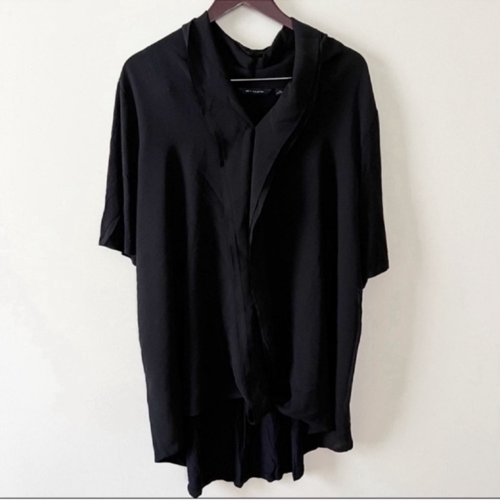 H by Halston Black Drape Front Knit w/ Chiffon V-neck Short Sleeve Top Size 3X